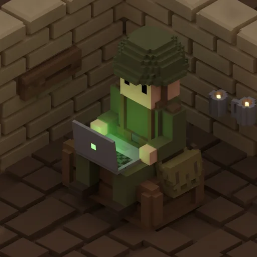 A voxel recruit at a laptop on an ammo crate